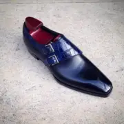 Blue Leather Monk Strap Dress Shoes, Handmade Blue Crocodile Shoes Men Alligator