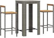 'vidaXL Outdoor 3 Piece Bar Set - Poly Rattan and Solid Acacia Wood - Grey - Includes Table and 2 Stools - Perfect for Patio and Garden