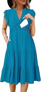 [CzzzyL] Womens Nursing Midi Dress Breastfeeding Summer Ruffle Sleeveless V Neck Tiered Beach Sundress with Pockets