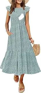 [CzzzyL] Women's Nursing Dress Flutter Short Sleeve Crew Neck Smocked Elastic Waist Tiered Midi with Pockets