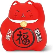 COTONOHA Banko Ware Maneki-Neko Ceramic Piggy Bank - Lucky Cat, Cute and Chubby Traditional Japanese Money Box (Red)