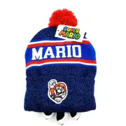 Nintendo Super Mario Bioworld Boys Size S/M Blue Knit Pom Beanie Hat Gloves Set