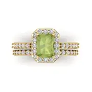 2.2ct Emerald Round Cut Halo Real Peridot Promise Bridal set 14k Yellow Gold