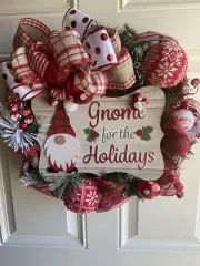 Christmas WreathEvergreen Wreath Handmade Deco Mesh Gnomes Striped Door Decor