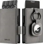 [VULKIT] Card Holder Wallet with Airtag Holder & ID Window Pop Up Slim Leather Wallet RFID Blocking Magnetic Closure for Credit Cards and Cash Grey