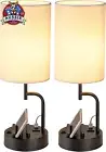 Bedside Table Lamp with 3 USB Ports & Phone Stand, Linen, Set of 2, Modern