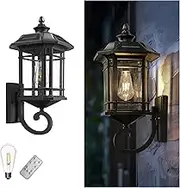 EMLIVIAR Solar LED Wall Light Outdoor,Dusk to Dawn Solar Porch Light with Remote Control, Black Finish with Seeded Glass, Bulb Included, 22021M-SL BK