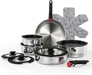 ROYDX 18/10 Stainless Steel Pan Set with Detachable Handles, 16 Piece Stackable Saucepan Set with Steamer, 24cm / 26cm Frying Pans with Pot for All Stoves inclu.Induction and Gas, Oven Proof