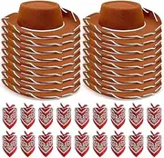 [MSYU] 36 Pcs Cowboy Hats and Bandanas Bulk Kids Western Cowboy Costume Accessories Kids Party Supplies (Brown)