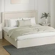 Oikiture Gase Lift Bed Frame King Bed with Plywood Slat and Headboard Beige