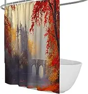 Rural Scenery Shower Curtain Red and Yellow Maple Trees Bridge Castle Pattern Bathroom Curtains with Hooks Machine Washable Quick Dry 90 x 180 cm