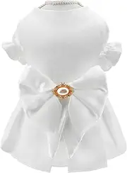 Dog Wedding Dress for Small Dog Elegant Princess Puppy Skirt with Bow and Pearl Pet Bride Dress with Puff Sleeve Luxury Party Birthday Costume (White, S)