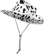 [JEWEDECO] Unisex Cow Pattern Felt Hat Big Brim Fedora Party Cap Decorative Western h White