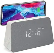 GTQ-RENEW Wireless Charging Alarm Clock Radio - Dimmable Display, USB Charging, FM Radio, Dual Alarms, No Tick Alarm Clock Bedside - White with Grey Cloth screen