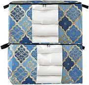Blue and Gold Japanese Vintage Flowers 60/95 L zippered comforter storage with Reinforced Handles, clear window bed organizer for Clothing, Blanket, Bed Sheets, Pillows