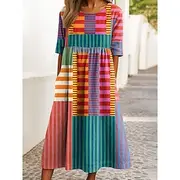 Women's Midi Dress A Line Dress Summer Dress Vacation Casual Holiday Regular Fit Graphic Geometric Half Sleeve Crew Neck Pink Red Blue Green Summer Spring Fall