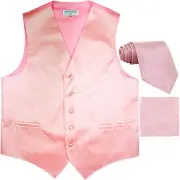 New men's tuxedo vest waistcoat & neck tie set horizontal stripes formal pink