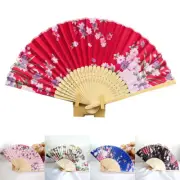 Japanese Style Silk Bamboo Folding Fan Flower Printed Hand Held Fans Dance Decor