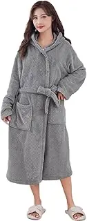 [UTOQIA] Pajama Robe Women Hooded Robe Plush Fleece Bathrobes Medium Length Long Cozy Warm Spa Robe Lounge Bathrobe