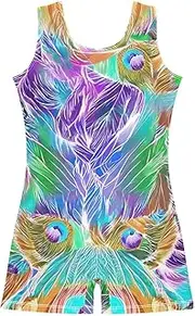 [ODAWA] Colorful Peacock Feathers Kids Tumbling Unitard, Teen Leotards for Gymnastics 2-10T