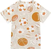 [ODAWA] Retro Sport Balls Beige Kid Swim Shirt Short Sleeve Rash Guard Kids SPF Water Shirts
