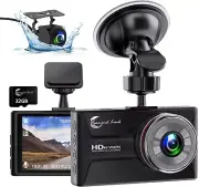 1080P Dash Cam Front and Rear with 32GB SD Card, Dual Dash Camera for Cars, 3”