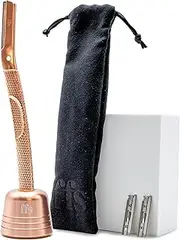 Dermaplaning Kit for Facial Hair Removal, Exfoliation, Eyebrow Shaper - FFS Beauty Metal Dermaplaning Tool w/ 2x Dermaplaning Blades for Face, Derma Blade Cover, Stand, Travel Pouch & Guide, Rose Gold