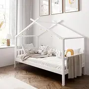 Oikiture Kids Single Bed Frame with Wooden Timber Base Kids House Wood Mattress Base Platform, White