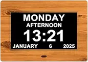 Digital Day Clock with Large Display, Multiple Alarms, Dementia-Friendly Features – Wood Style Frame Senior Alarm Clock with Digital Calendar, Multiple Alarms, Auto Night Dimming, Custom Reminders