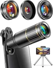 Phone Camera Lens for iPhone, Samsung Galaxy, and Other Phones, 22X Telephoto Lens, 205 Fisheye Lens, 0.67X Super Wide Angle Lens & 25X Macro Lens, Metal Tripod, Travel Case Universal Clip Included
