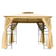 Outsunny Gazebo w/ Mesh Curtain Sidewalls + Vented 2-Tiered Canopy Top Beige