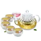 7in1 Tea Set -1x Clear Heat Resistant Glass Striped Teapot +6x Striped Tea Cups