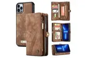 CaseMe For Apple iPhone 13 Pro Zipper & Detachable Retro Leather Pouch Wallet Flip Purse Bag Detachable Phone Case Cover (Brown)