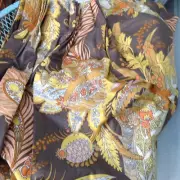 Bloomcraft Floral Curtain Panel Fabric Screen Print Brown Yellow Pleated Vtg 60s