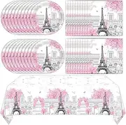 ZOIIWA Paris Themed Party Decorations Eiffel Tower Birthday Paper Plates and Napkins Tableware Set Pink Disposable Tablecloth for Baby Shower Decor Paris Party Supplies