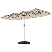Costway 4m Double-Sided Patio Umbrella Large Outdoor Umbrella w/Base Solar Panel & 48 LED Lights Parasol Beige