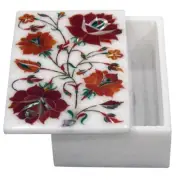 White Marble Trinket Jewelry Box Semi Precious Stone Handmade Inlay work