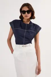 Top Stitch Cotton Poplin Open Back Woven Top