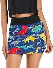[RPLIFE] Colorful Dinosaurs Blue Golf Skirt, Ladies Golf Shorts, Casual Athletic Skirt