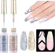 beetles Gel Polish Nail Art Gel Liner Nail Polish Set- 2 Pcs Silver & Golden Holo Reflective Glitter Colors Gel Art Paint for Swirl Shiny Nails Built Thin Nail Art Brush in Gel Pens Soak off Led Gel