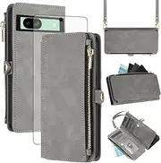 [Asuwish] Mobile Phone Case for Google Pixel 8a Case with Strap and Film Screen Protector RFID Card Slot Foldable Leather Flowers Wallet Stand Pixel8a 5G a8 Zip Cases Protective Phone Case Grey