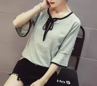 在飛比找樂天市場購物網優惠-FINDSENSE MD 韓國時尚 女 休閒 圓領系帶 喇叭