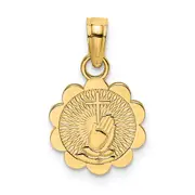 14K Yellow Gold Praying Hands And Cross On Scalloped Round Disk Charm