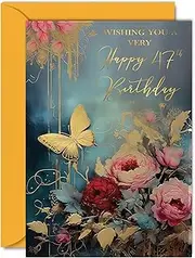 Beautiful Gold 47th Birthday Cards for Women Men - Wonderful Golden Butterfly - Elegant Traditional Pretty Birthday Card for 47 Year Old Woman Man Her Him, 5x7 Inch Gorgeous Greeting Cards Gift