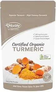 Morlife Turmeric Powder Certified Organic 150g - 100% pure Certified Organic Turmeric Powder - Contains 7.5 times more antioxidants than garlic (as measured by a FRAP test) - Gluten Free - No colours, flavours, preservatives & sweeteners