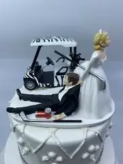 Funny Golfing Bride and Groom With Zebra Golf Cart Wedding cake topper