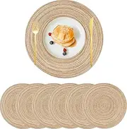 Round Braided Placemats Set of 6, ZOIMINU 14.2 inch Round Braided Place Mats for Dining Tables, Washable Heat Resistant Cotton Polyester Woven Table Mats (Khaki)