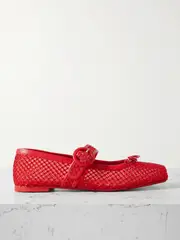 [Christian Louboutin] Christian Louboutin - Mamastrapitina Crystal-embellished Leather-trimmed Mesh Ballet Flats - Red - IT39 IT 39 Red
