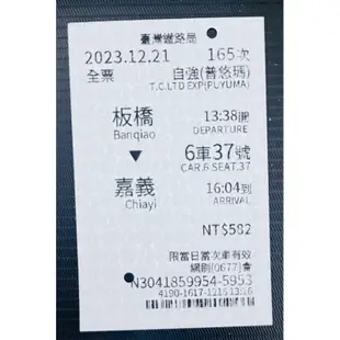 火車票根 普悠瑪2023/12/21 板橋 嘉義
