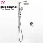 Brushed Nickel Round Dual 8'' Rain Handheld Shower Head Sliding Rail Mixer Valve